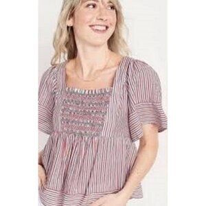 Old Navy Red Blue White Striped Smocked Babydoll Top Women's size 2X